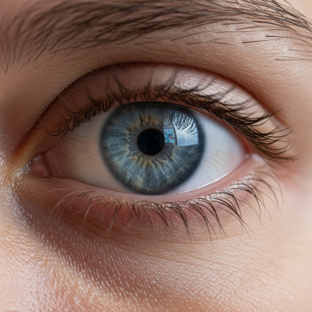A close-up of a person's eye reflecting a digital screen, highlighting the tension and fatigue associated with long hours of computer use.