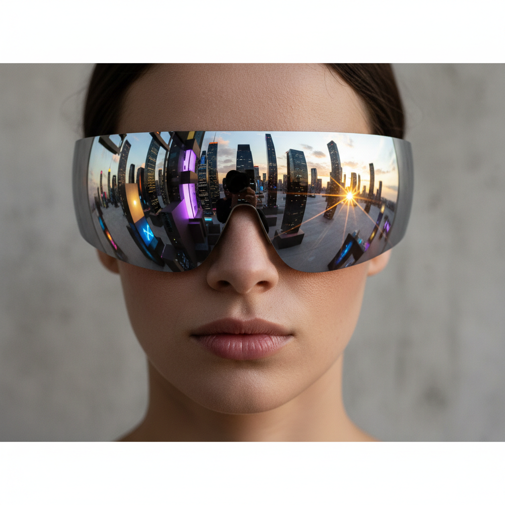 A close-up fashion photograph of a person with a defined jawline wearing futuristic, oversized silver shield sunglasses. The single-piece lens reflects a vibrant, abstract cityscape at sunset. The lighting is dramatic and clean, highlighting the sleek lines of the glasses and the person's features. The background is a minimalist, out-of-focus concrete wall.
