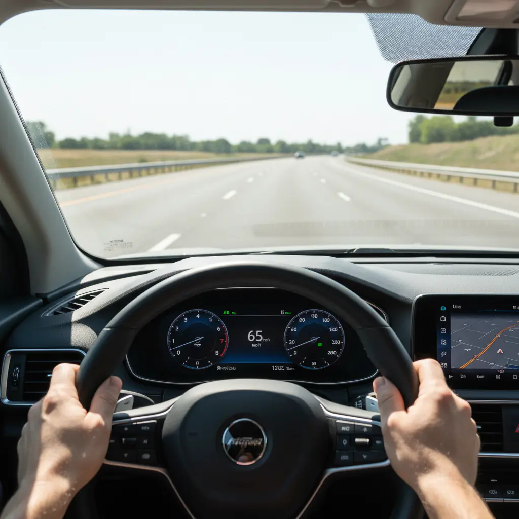 A driver's point-of-view showing a clear view of the road and dashboard through sunglasses with an appropriate VLT for driving.