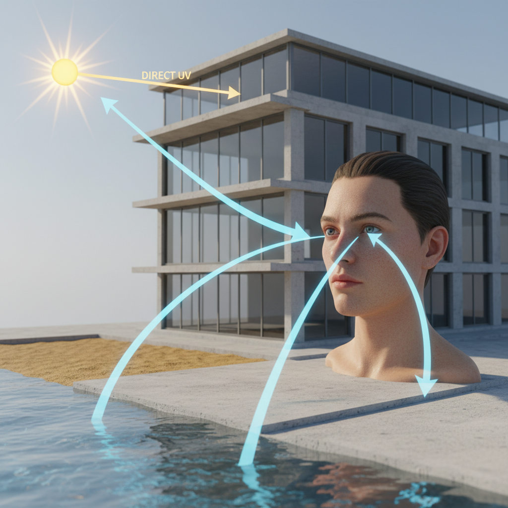 A diagram illustrating how invisible UV rays reflect off various surfaces like water, sand, and pavement, converging on a person's eyes even when they are standing in the shade of a building.
