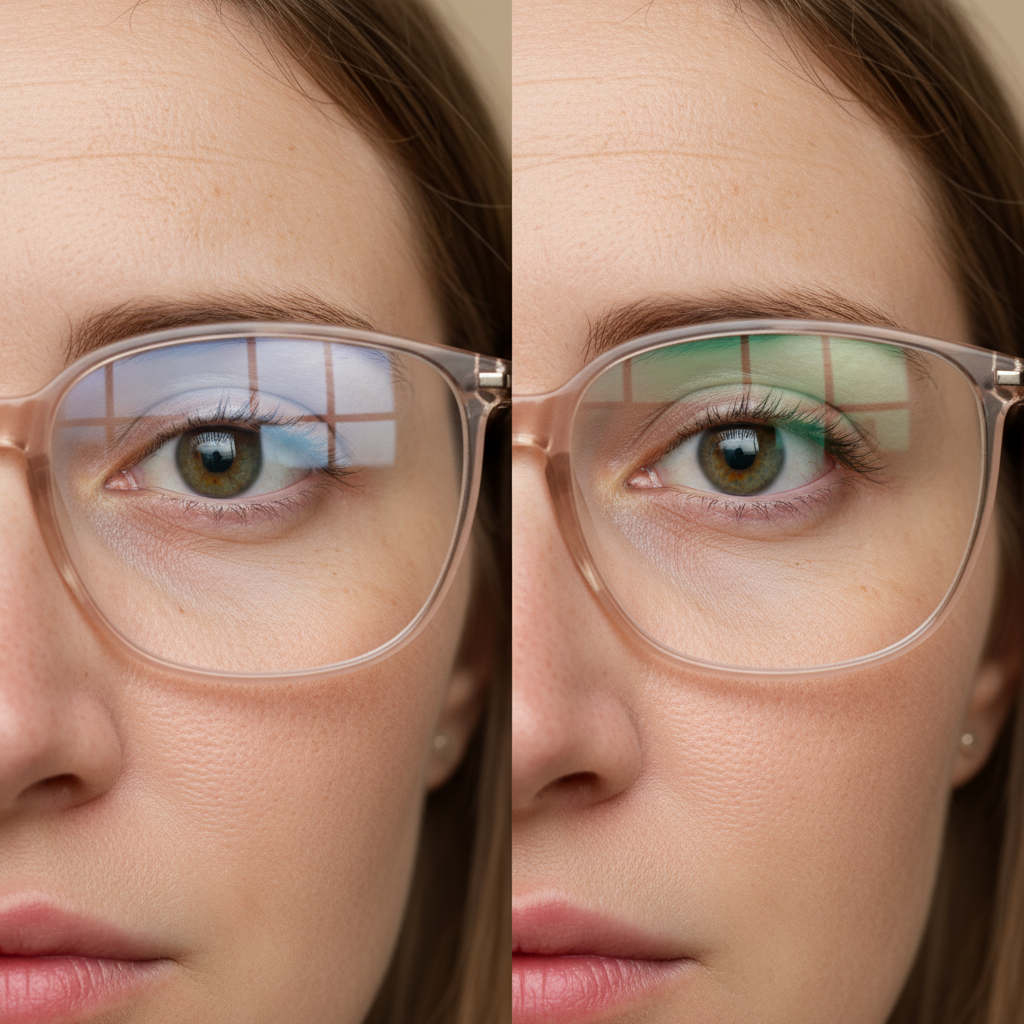 A split-screen image comparing an eyeglass lens with and without a premium anti-reflective coating. The uncoated side shows a bright, distracting glare from a light source, obscuring the view. The coated side is crystal clear, showing the sharp detail of an eye behind it with almost no reflection.