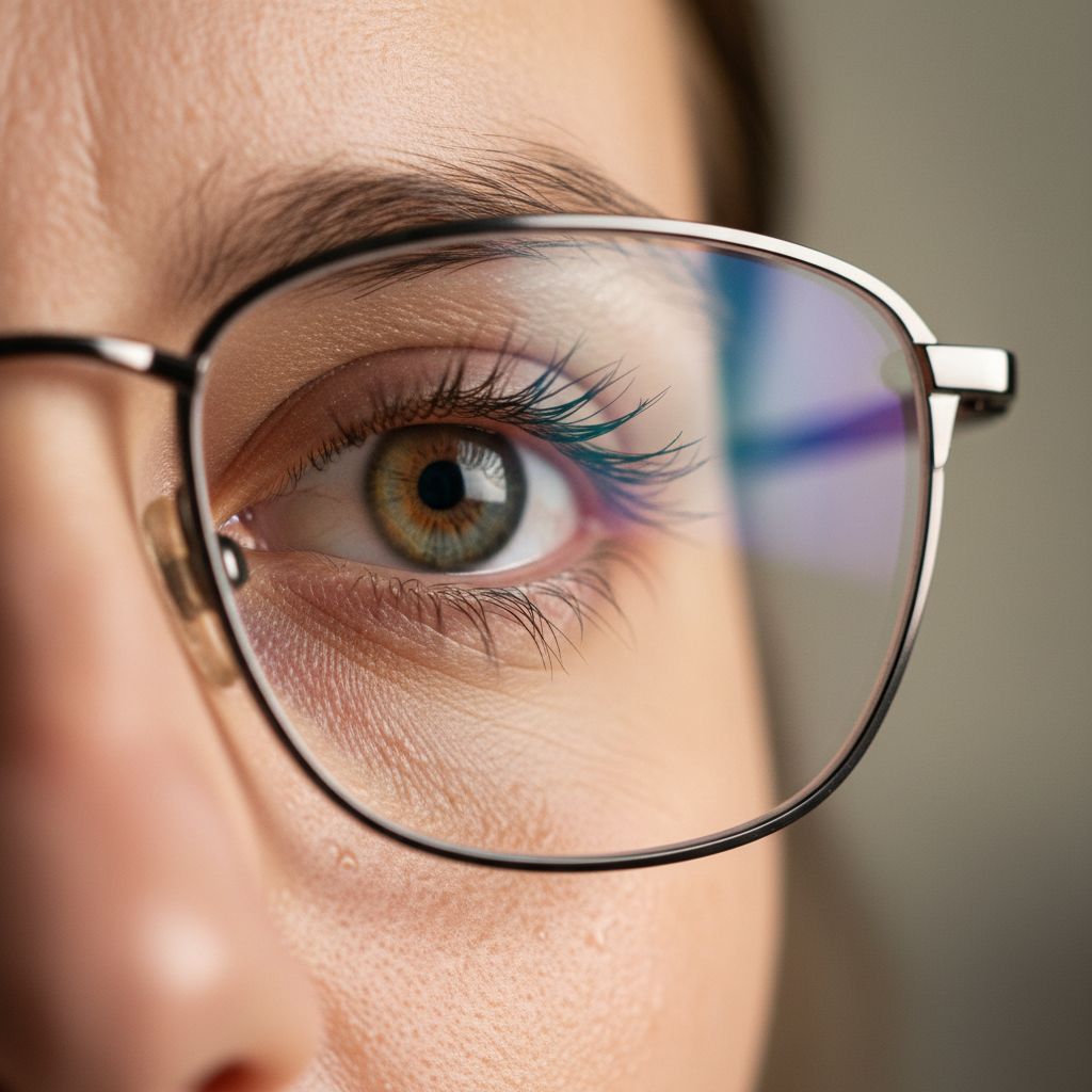 A close-up, side-angle photograph of a person's face, focusing on the stylish, non-prescription glasses they are wearing. The lens of the glasses shows a subtle, colorful reflection from a computer screen, clearly demonstrating the effect of an anti-reflective coating reducing glare. The background is a softly blurred office environment.