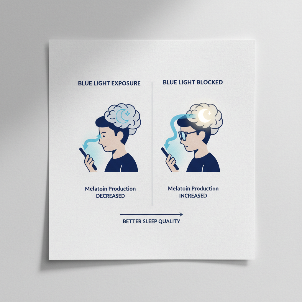 An infographic showing two simplified brain diagrams side-by-side. The left side, labeled "Evening Screen Use," shows blue light from a phone entering the eye and suppressing a melatonin icon in the brain. The right side, labeled "With Blue Light Glasses," shows the blue light being blocked by glasses, and the melatonin icon in the brain is active and bright.