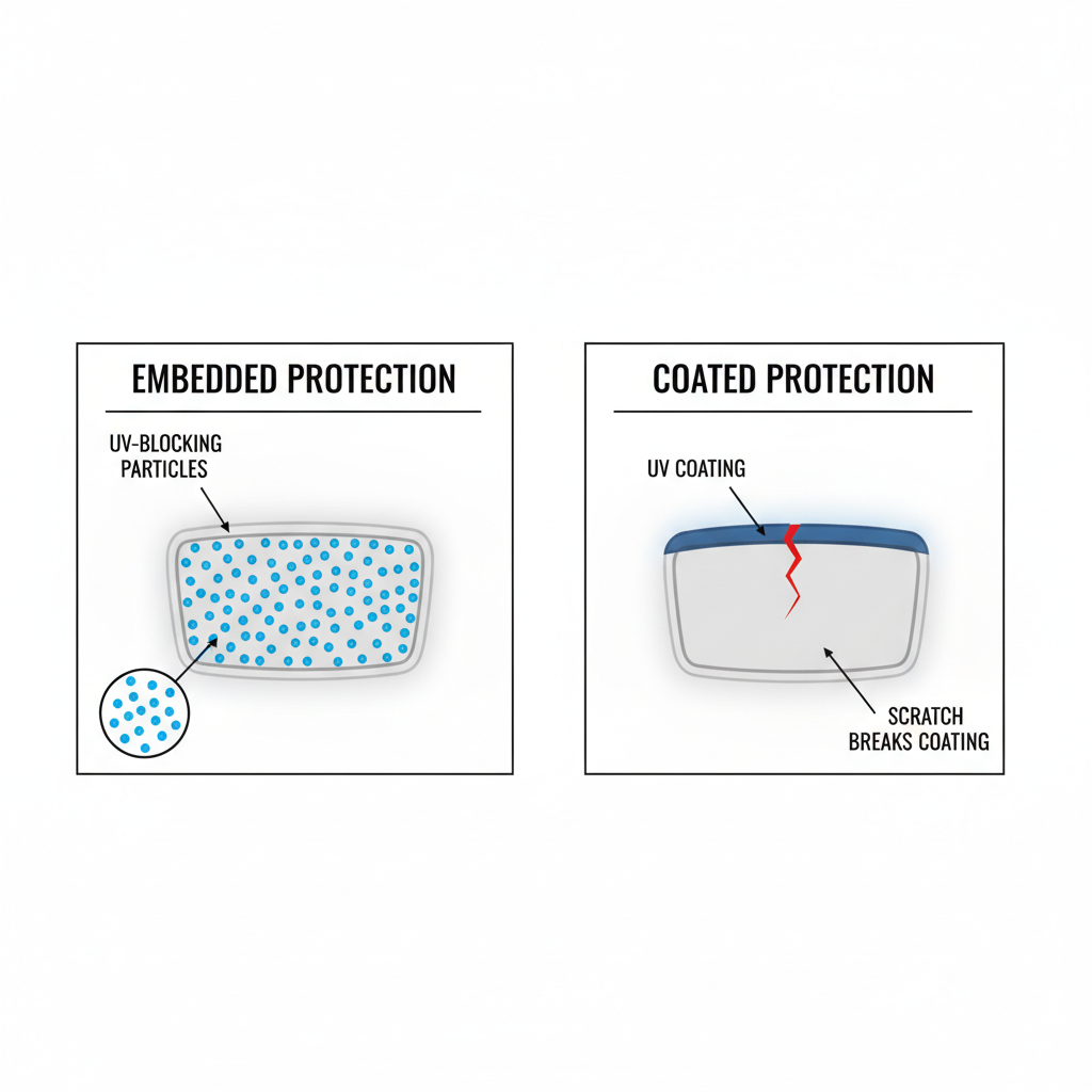 An illustrated diagram comparing a lens with embedded UV protection to one with a UV coating, showing how a scratch can compromise the coated lens.