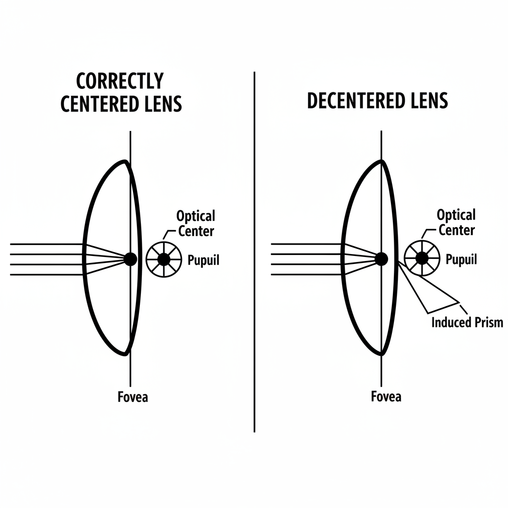 A side-by-side technical illustration. The 'Correct' side shows a lens with its optical center perfectly aligned with the pupil, and light rays passing straight through. The 'Incorrect' side shows a decentered lens, where the pupil is off-center, causing light rays to bend as they pass through, illustrating the unwanted prismatic effect.