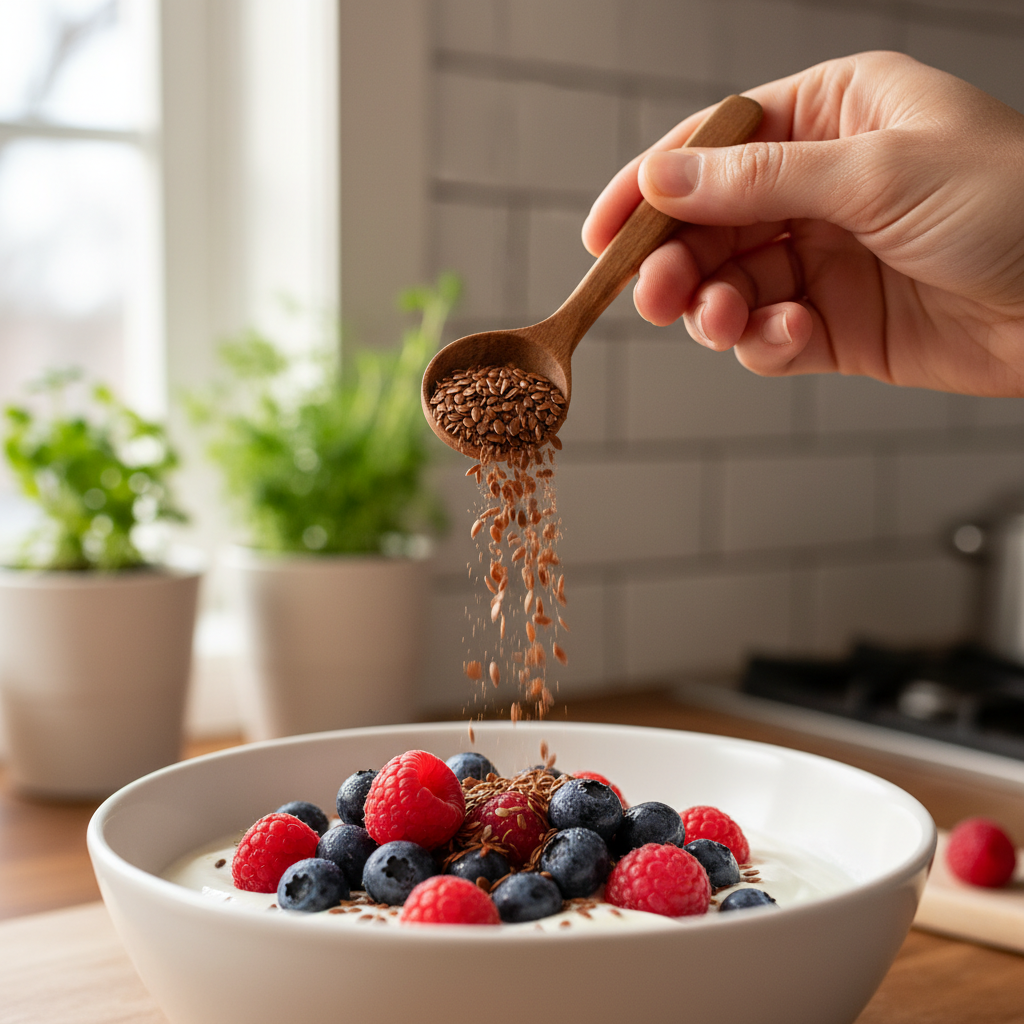 A person adding flaxseeds to a bowl of yogurt and fresh berries, illustrating a meal rich in Omega-3s.