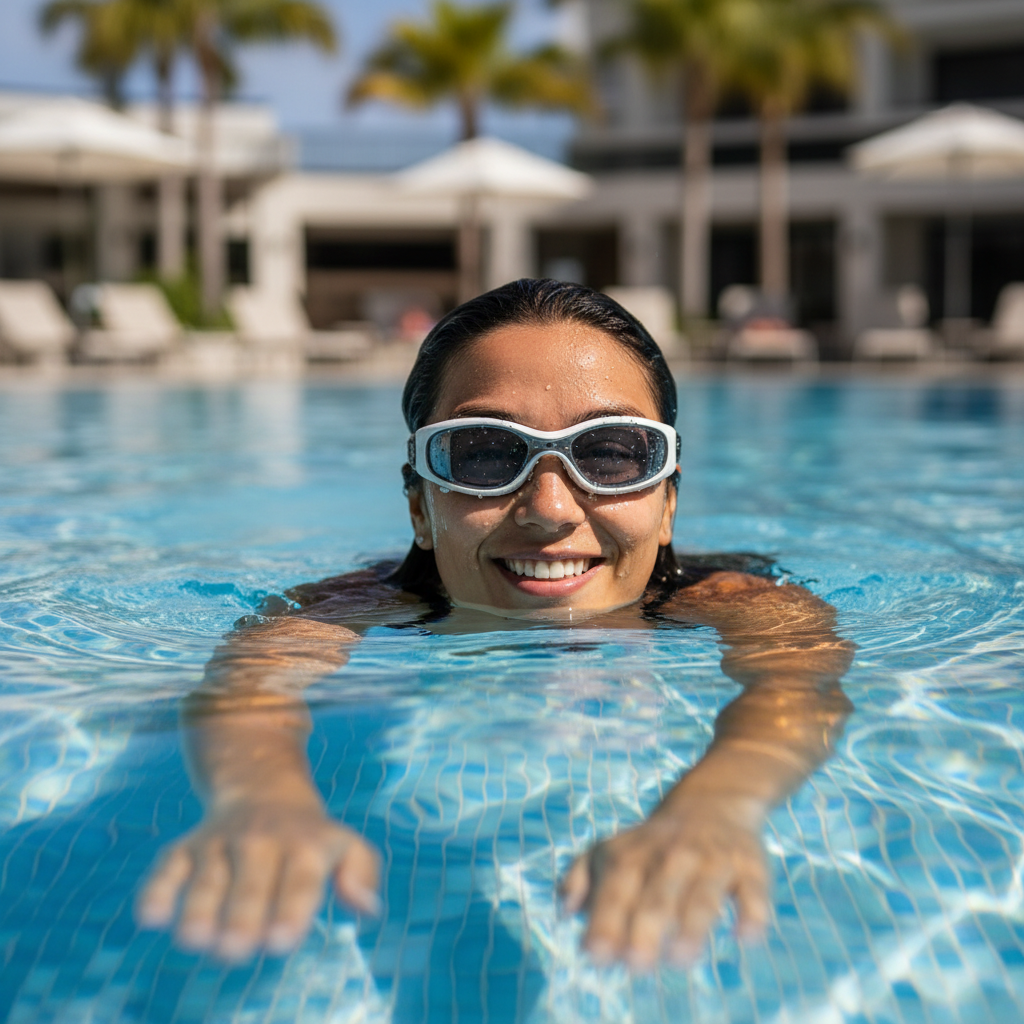 A person safely enjoying swimming in a pool while wearing prescription swim goggles, with a clear and happy expression.