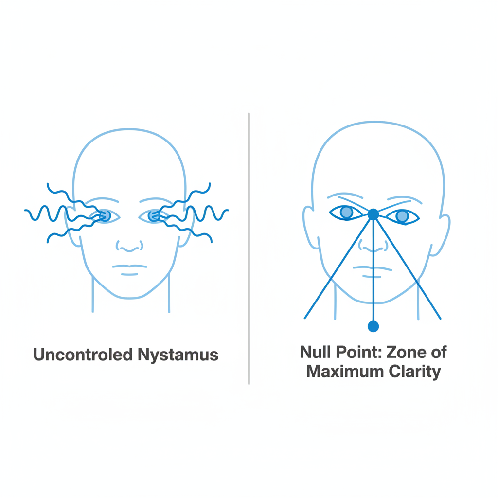 An insightful diagram illustrating the concept of the nystagmus "null point," showing how a person's gaze stabilizes when their head is tilted to a specific angle, contrasting with the erratic eye movements in a forward-facing position.