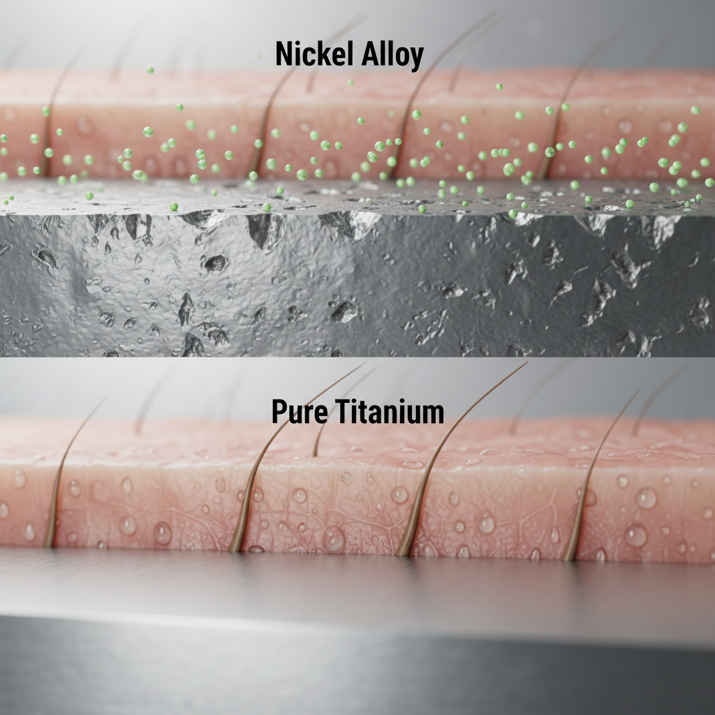 A microscopic, cross-section view comparing two metal surfaces. The top surface, labeled "Nickel Alloy," is pitted and corroded, with green ions leaching out. The bottom surface, labeled "Pure Titanium," is perfectly smooth and inert, showing no signs of reaction.