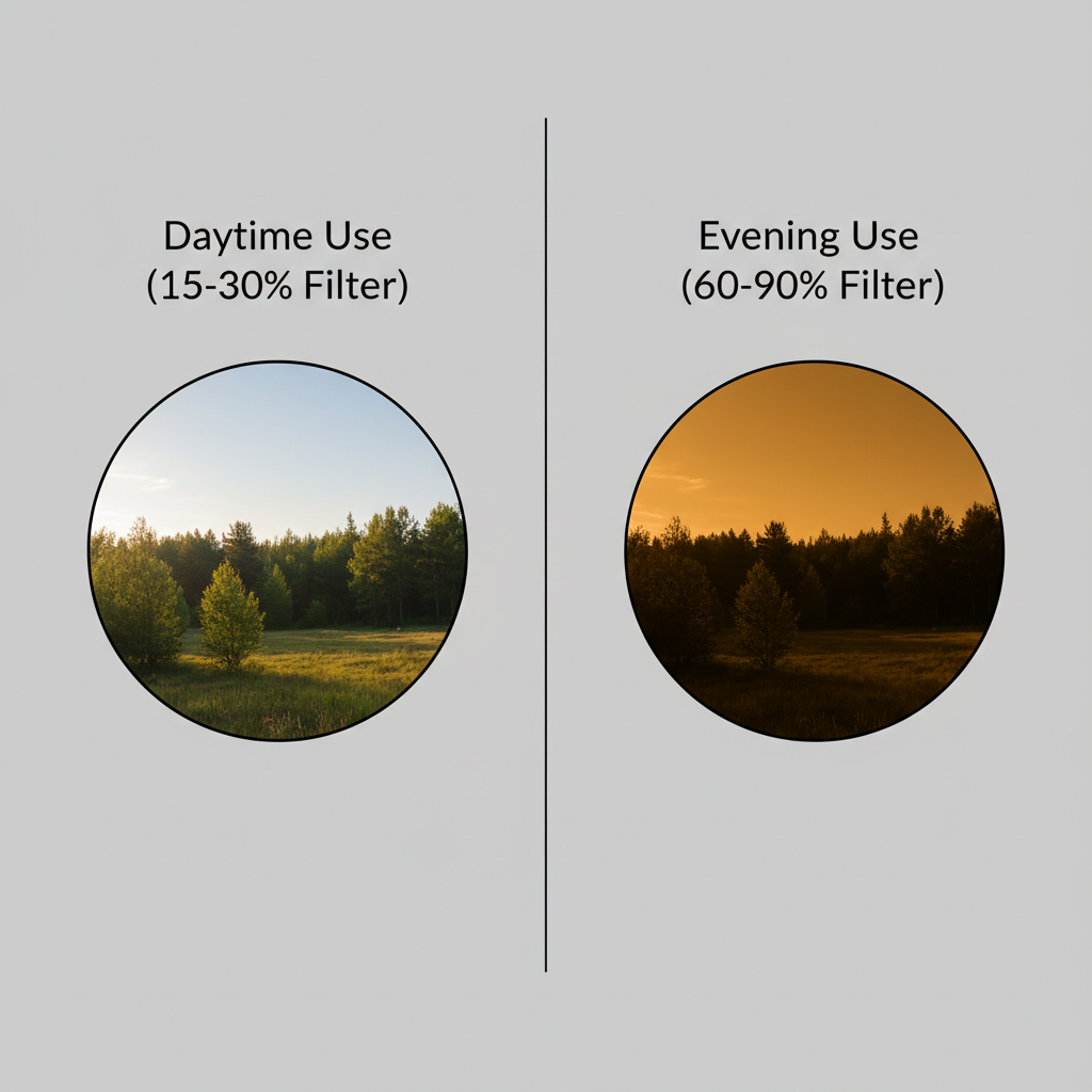 A side-by-side comparison chart showing the difference in color perception through a light-tint blue light lens versus a dark amber lens.