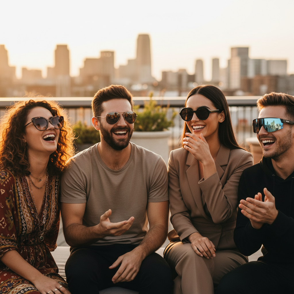 A diverse group of friends laughing outdoors, each wearing a different style of trendy sunglasses that complements their face shape.