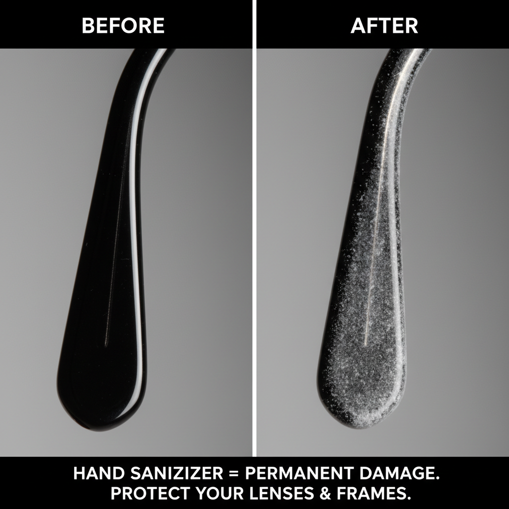 A split-screen image showing a damaged, chalky acetate frame on one side and a pristine frame on the other, illustrating the effects of improper cleaning.