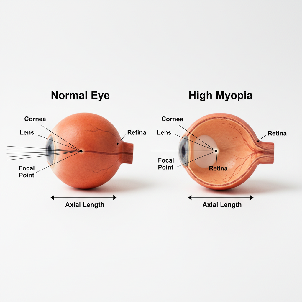 A medical diagram comparing the shape of a normal eye to the elongated shape of a highly myopic eye, explaining the cause of retinal stretching.