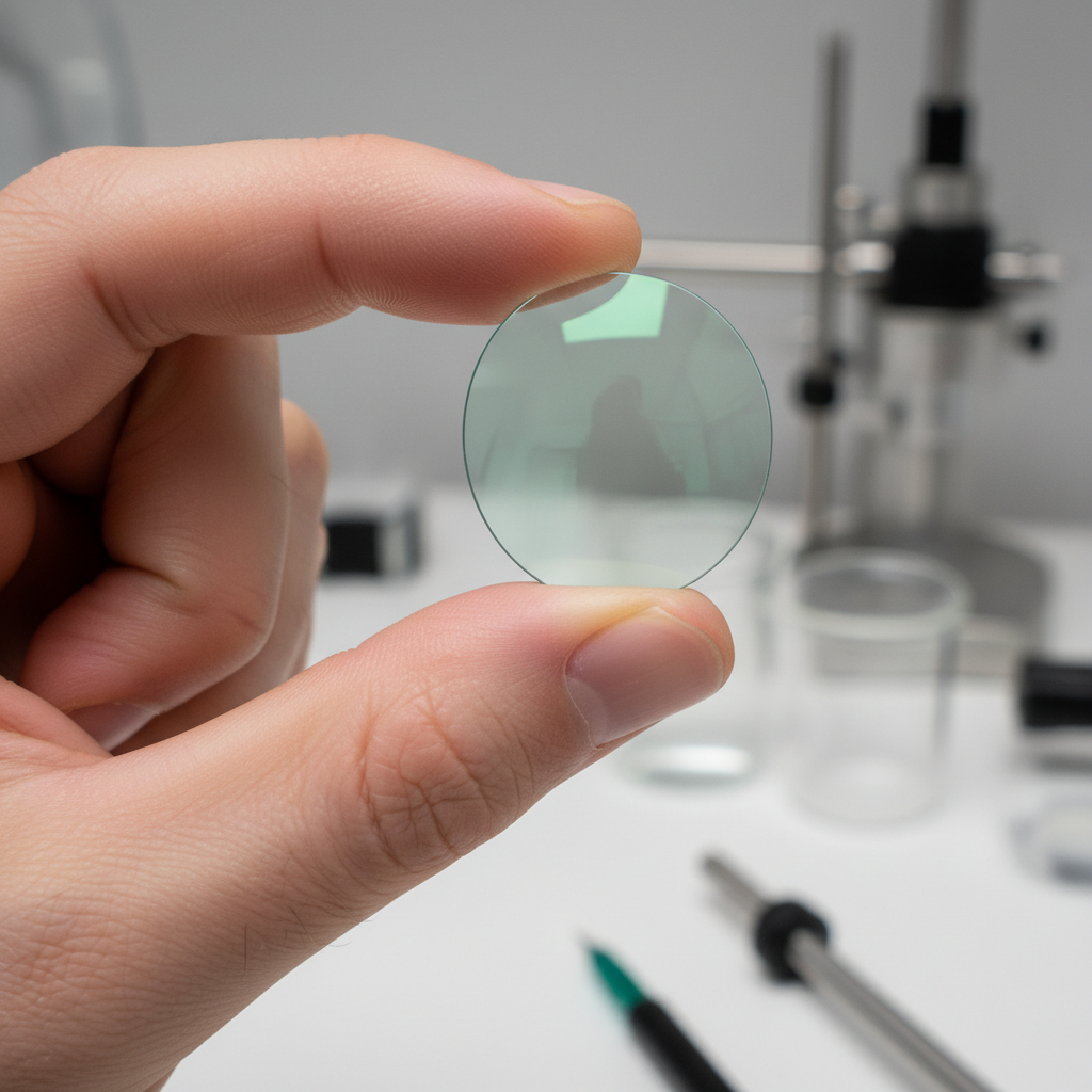 Close-up of a high-index prescription lens showing the premium anti-reflective coating with a slight green reflection, held in a professional optical lab environment.