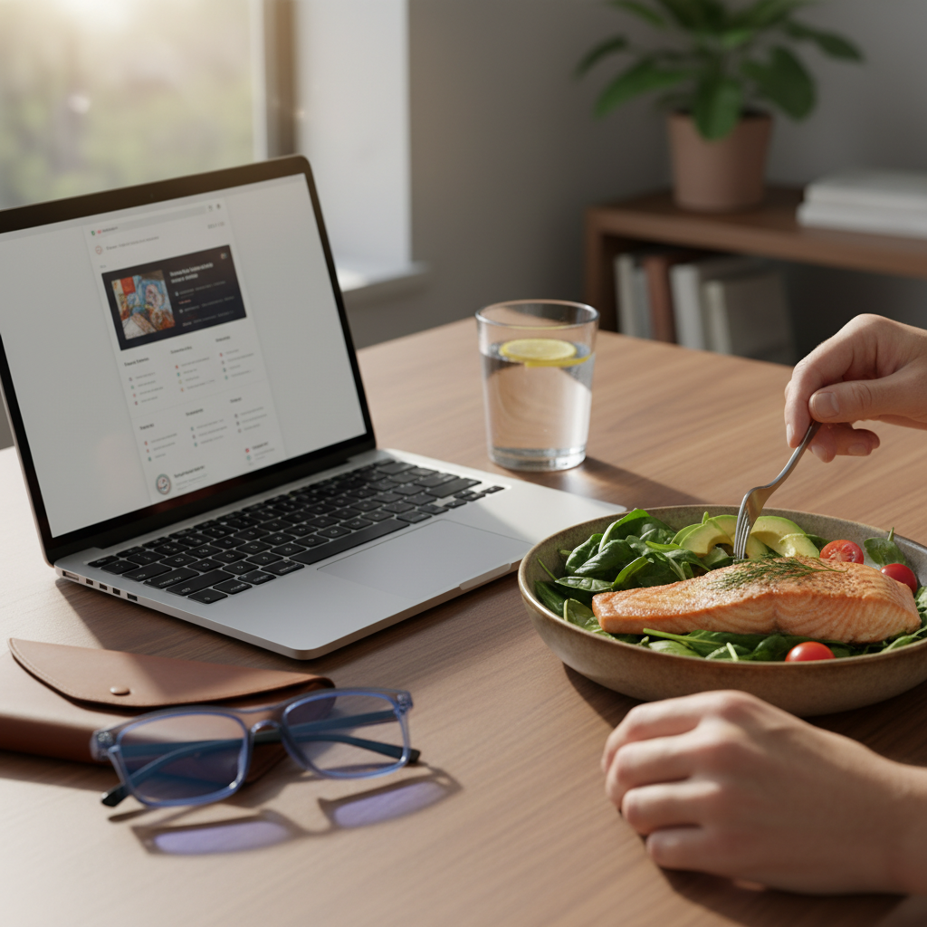 A professional workspace featuring a laptop, a pair of blue-light glasses, and a healthy lunch including salmon and leafy greens, emphasizing the holistic approach to eye health.