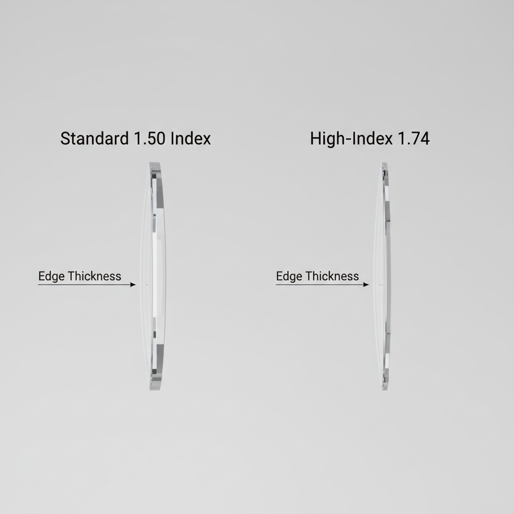 A diagram comparing the edge thickness of a standard lens versus a high-index lens for a strong prescription, showing the dramatic reduction in size.