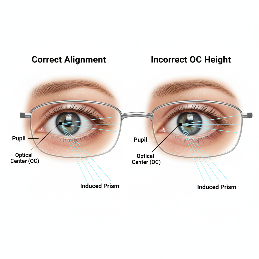A diagram illustrating how a misaligned optical center induces unwanted prism, causing light to bend incorrectly and lead to eye strain.