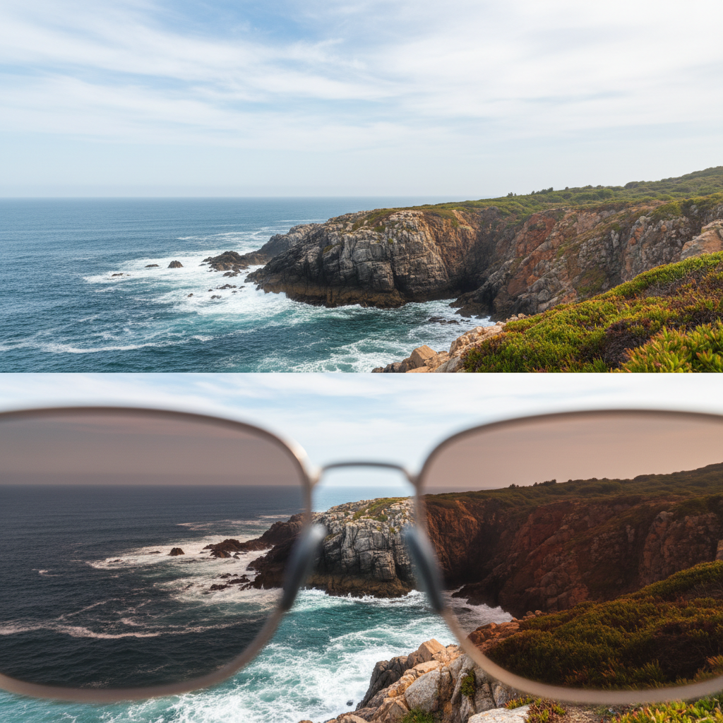 A comparison of a view through a neutral gray lens versus a contrast-enhancing amber lens, demonstrating how different tints affect outdoor vision.