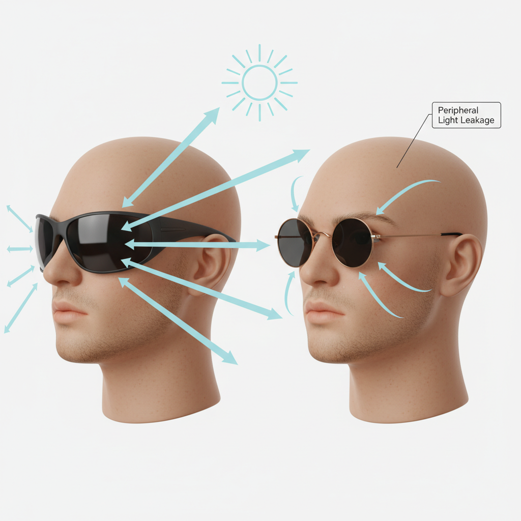 A comparison showing how wraparound sunglasses prevent peripheral UV light from reaching the eye, while flat fashion frames allow significant light leakage from the sides.