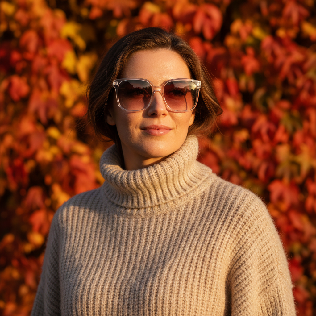 A person wearing oversized clear frame sunglasses and a cozy, neutral-toned sweater, standing against a backdrop of autumn leaves.