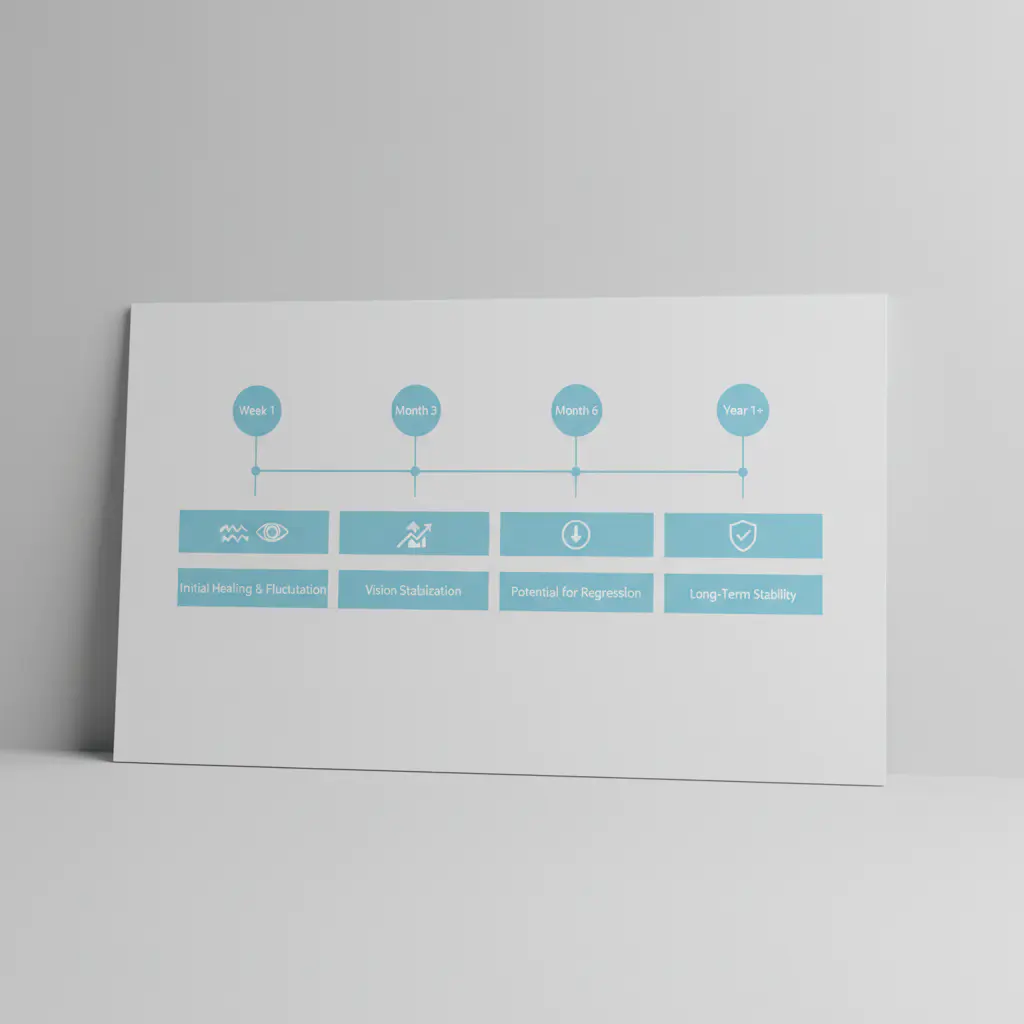 A timeline graphic showing the different phases of vision recovery after LASIK, from initial healing to long-term stability.