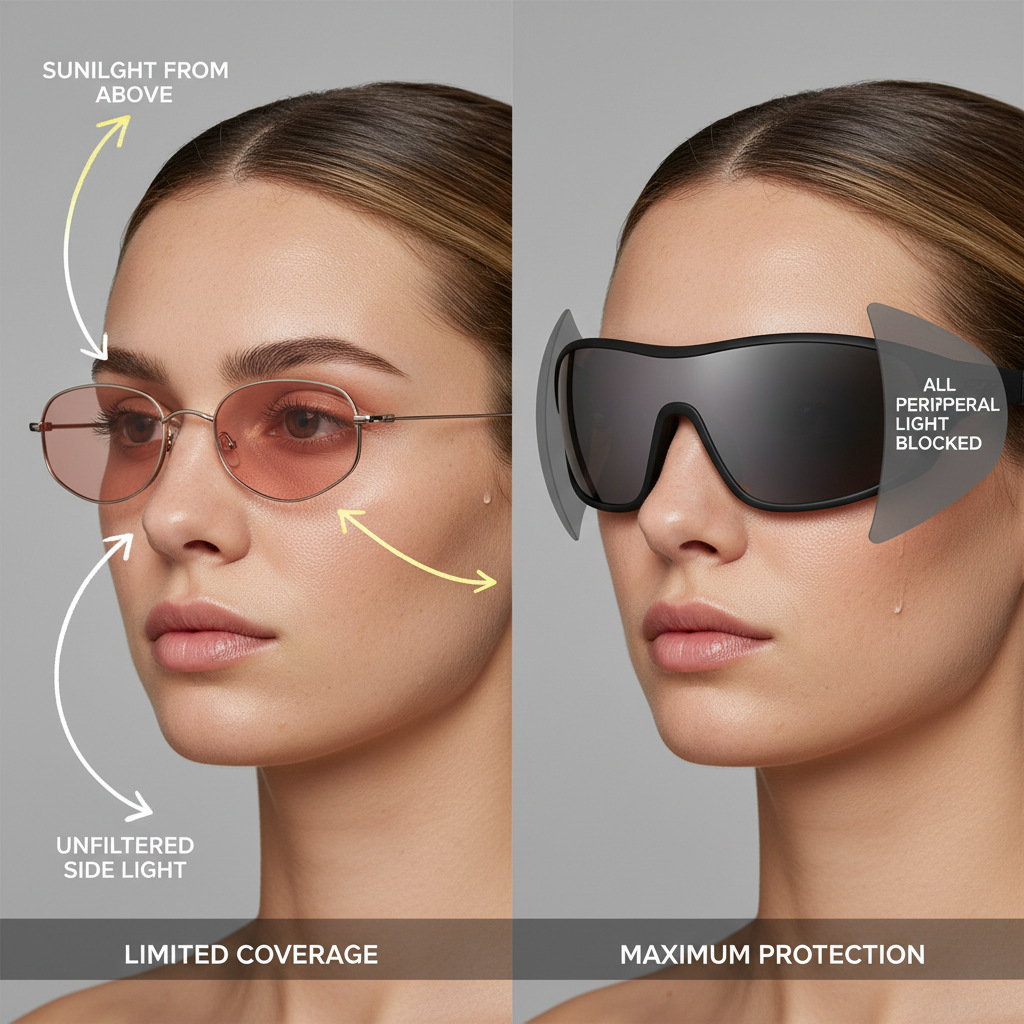 A split-screen AI image. On the left, a person wears small, fashionable sunglasses with visible gaps on the sides where sunlight is leaking in. On the right, the same person wears large, wraparound sunglasses that fit snugly to the face, completely blocking peripheral light.