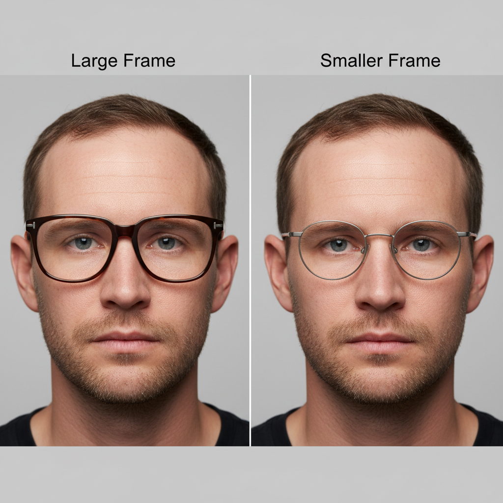An illustration showing how a smaller frame size dramatically reduces the visible edge thickness of a high-prescription lens.