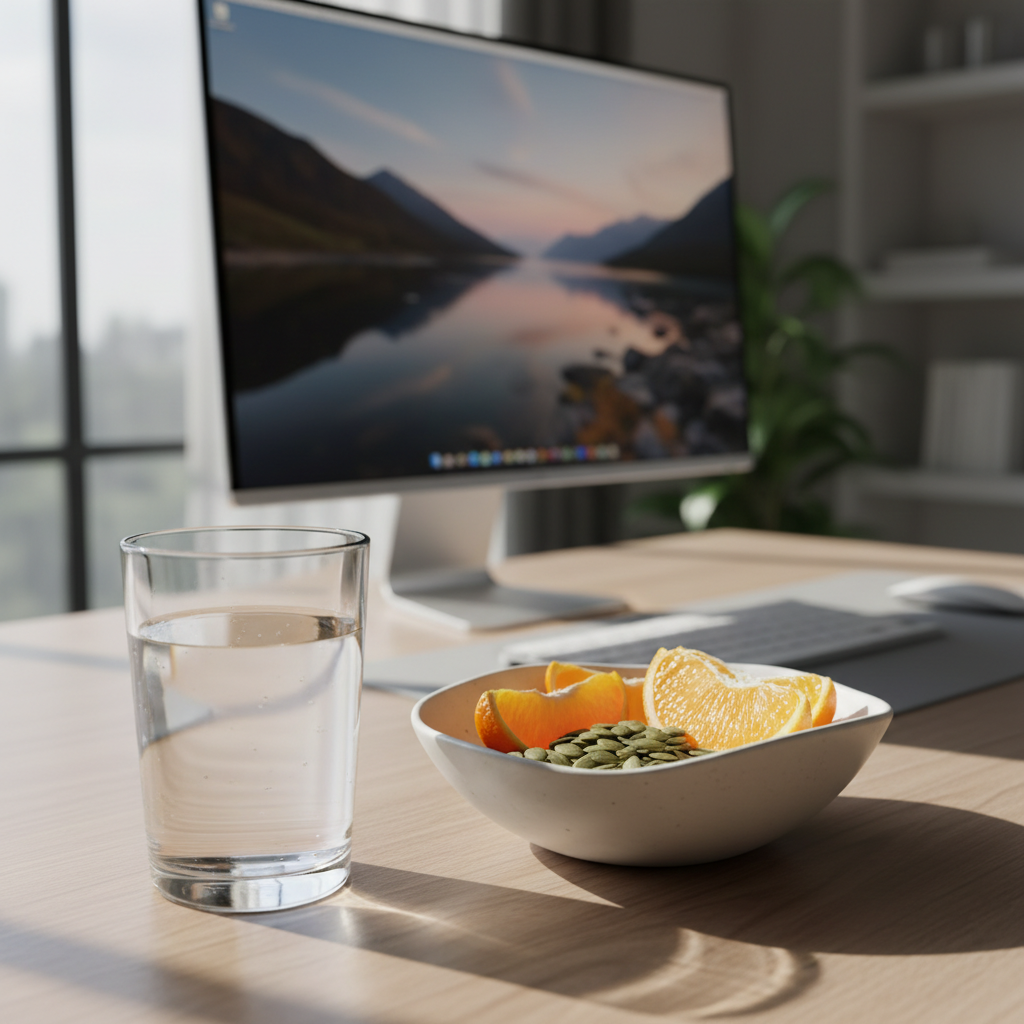 A digital professional working in a modern, ergonomically optimized office. On the desk, next to a high-definition monitor, is a glass of water and a bowl of citrus fruits and pumpkin seeds, illustrating the integration of eye-healthy nutrients into a daily workflow. The scene is lit with natural morning light.