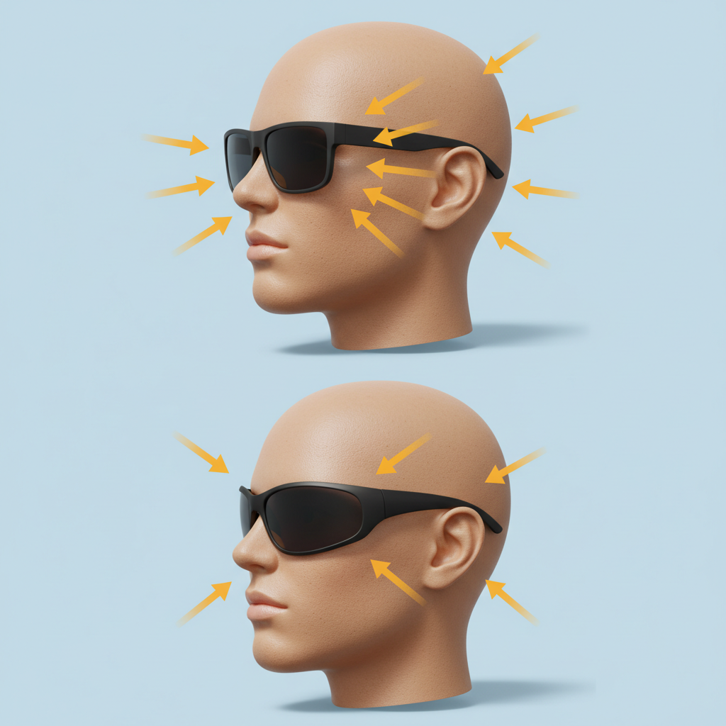 Diagram showing how wraparound sunglasses block peripheral UV light more effectively than flat frames.