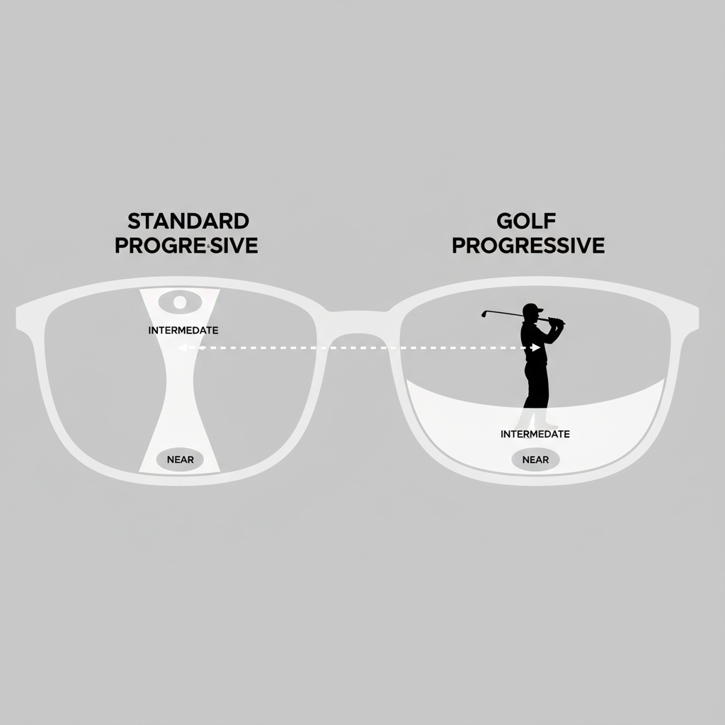A diagram comparing the viewing zones of a standard progressive lens and a golf-specific progressive lens. The standard lens shows a narrow intermediate corridor high up. The golf lens shows a much wider, lower intermediate zone, perfectly aligned with a golfer's downward gaze toward the ball.