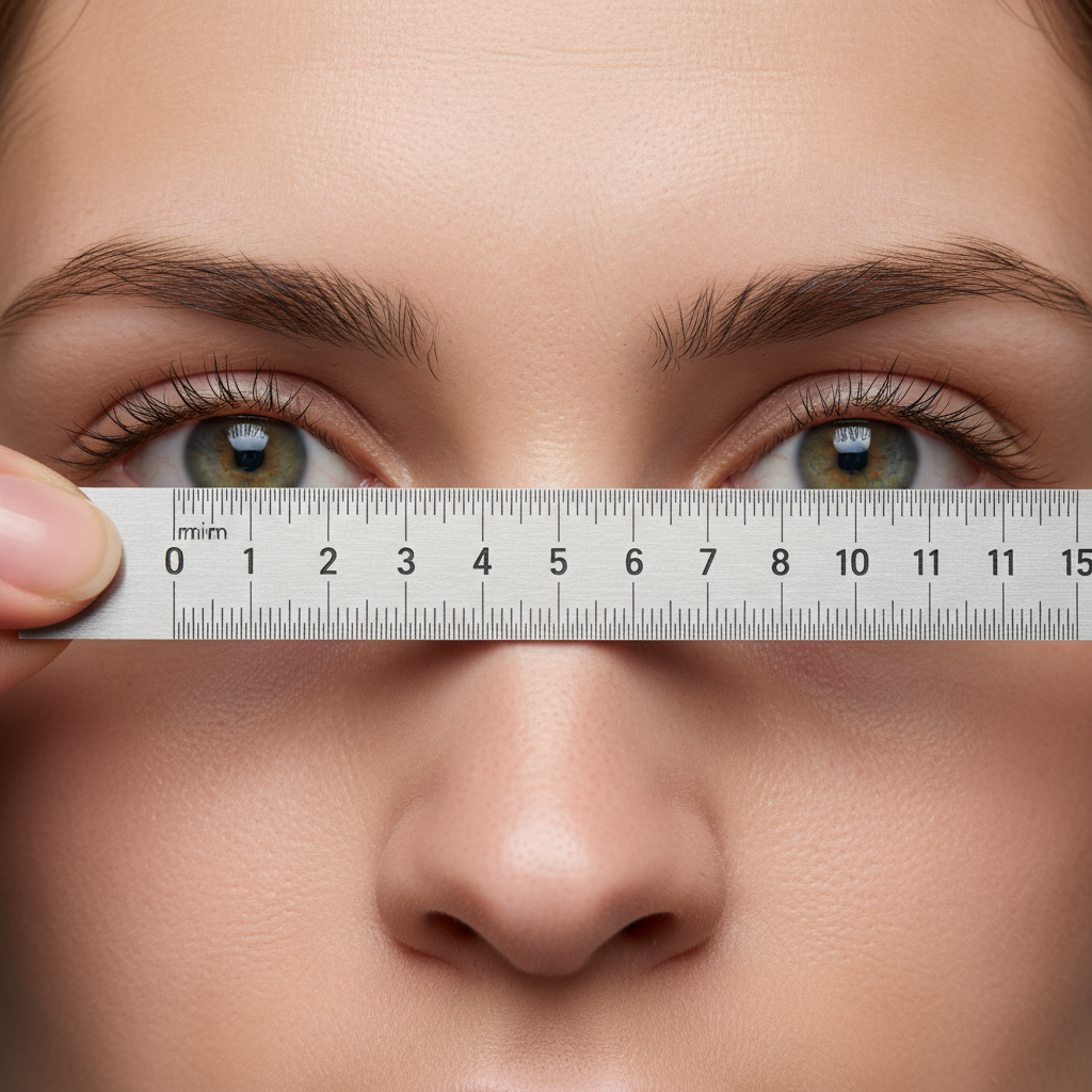 A close-up view of a person holding a millimeter ruler over their eyes to measure their pupillary distance for glasses.