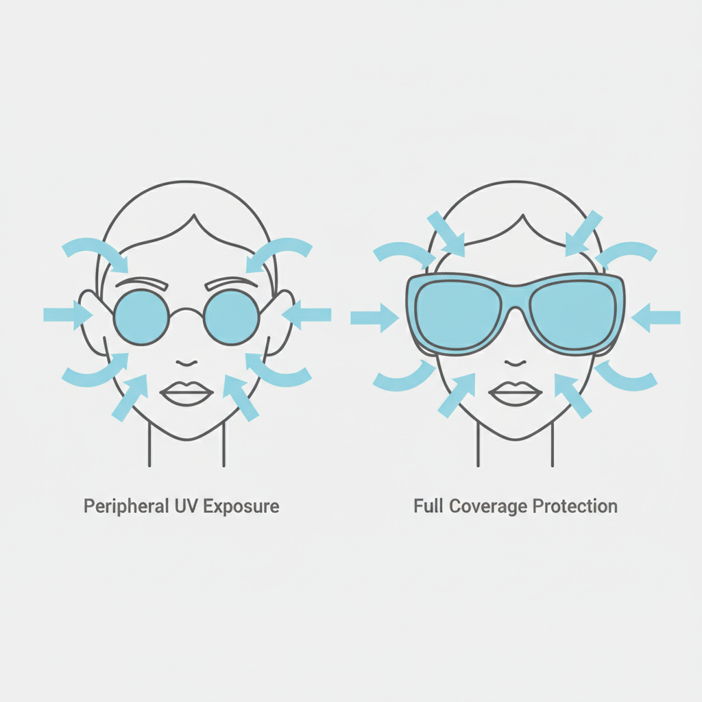 A diagram comparing how oversized sunglasses block peripheral UV light versus smaller frames that allow it to reach the skin.