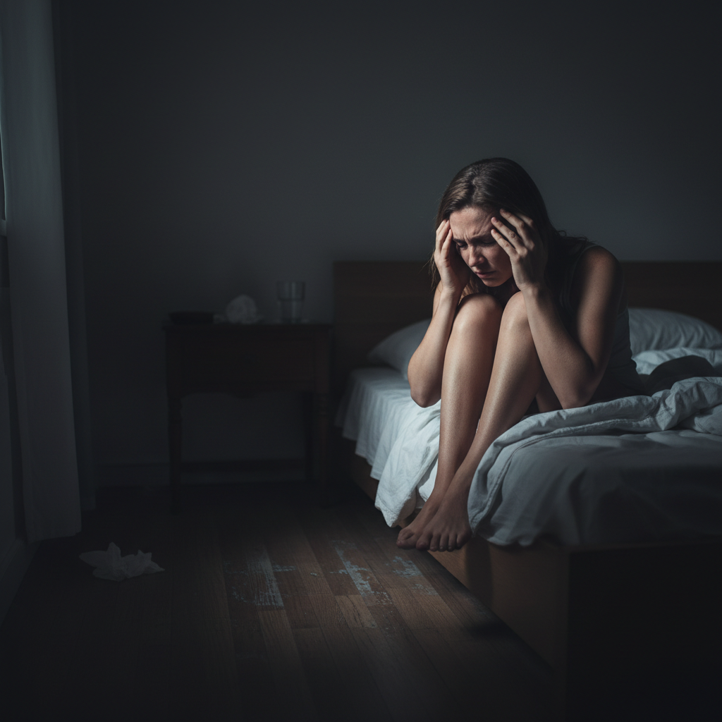 A person experiencing severe eye pain in the middle of the night, representing the peak symptom phase of photokeratitis.