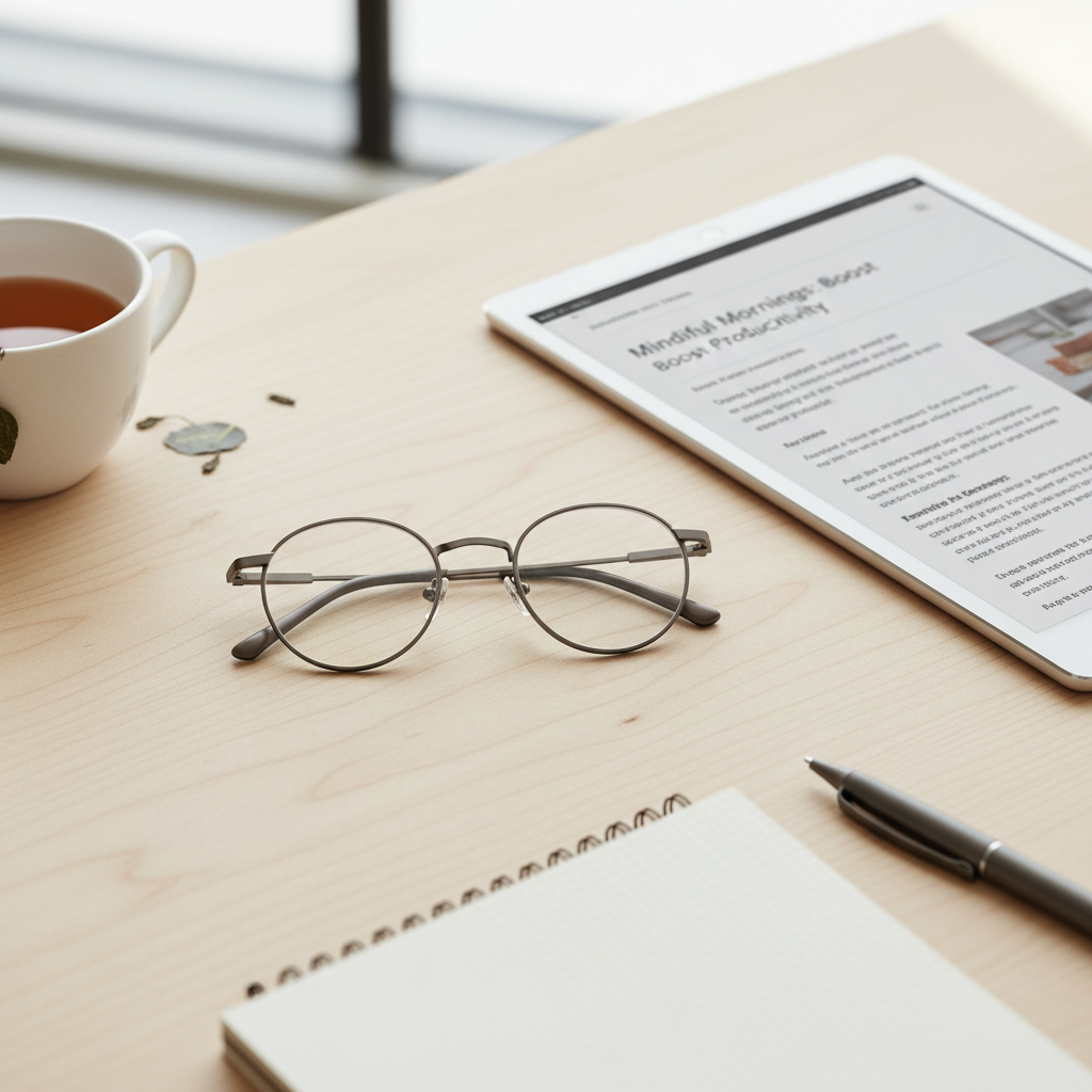 A pair of low-power reading glasses resting on a desk, symbolizing a temporary aid for managing accommodative lag.