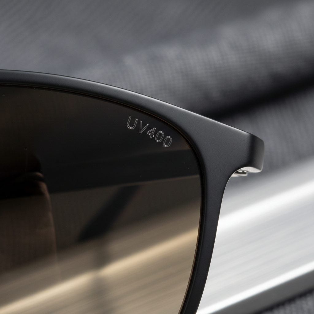 A close-up, macro shot of the edge of a sunglass lens, with the letters "UV400" subtly etched into the corner, demonstrating the protective technology.