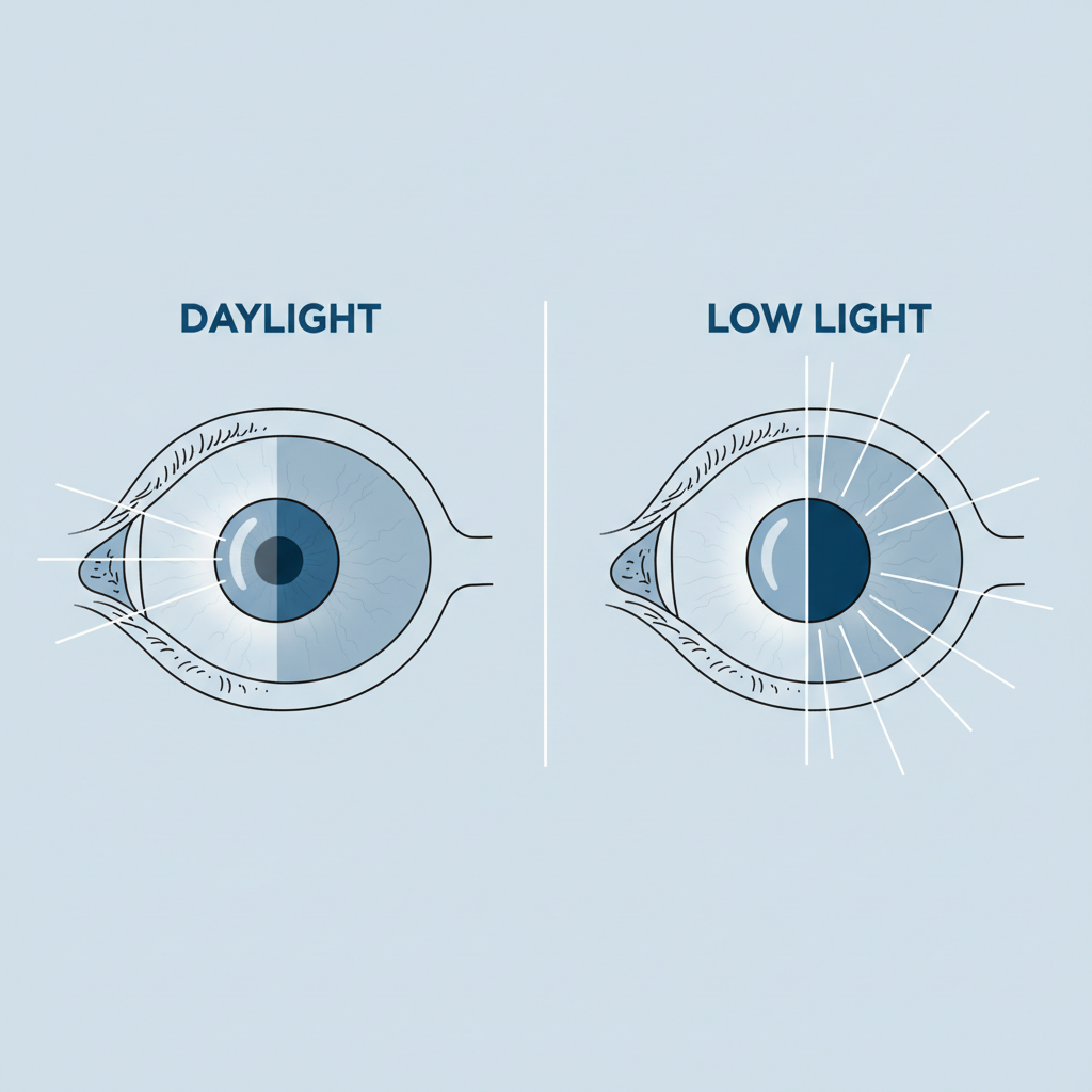 A medical diagram explaining how an ICL causes halos when the pupil dilates in low light.