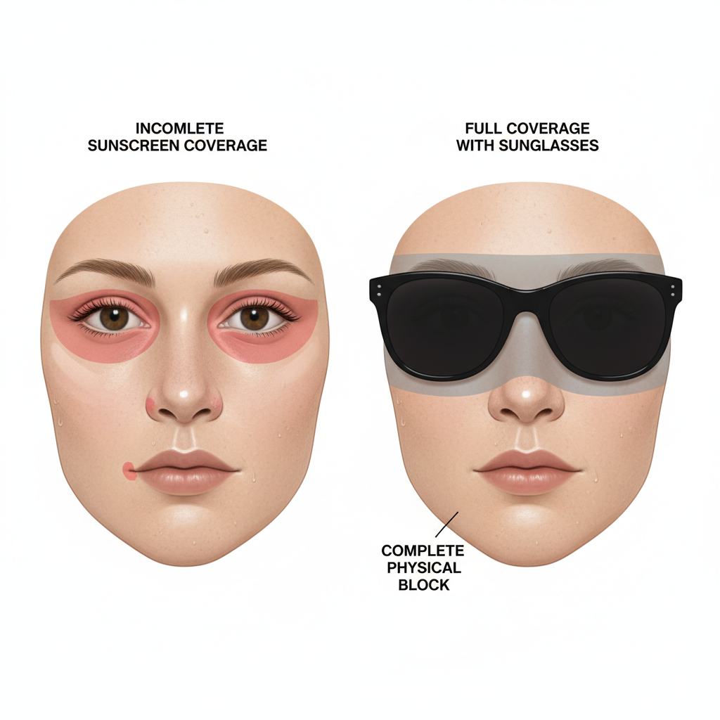 A medical illustration comparing a face with missed sunscreen spots around the eyes to a face fully protected by sunglasses.