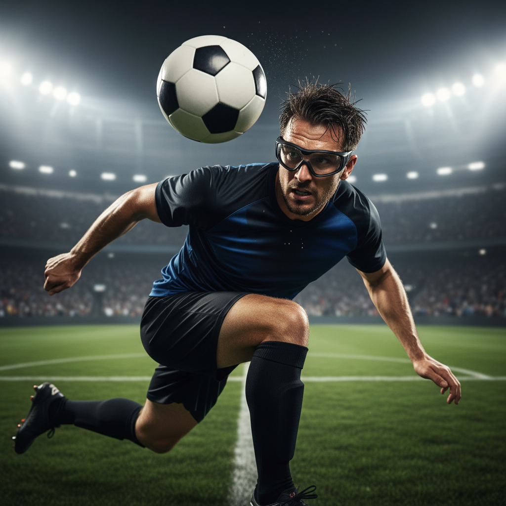 An action shot of a soccer player wearing protective sports goggles while heading a ball, demonstrating their secure fit and safety during a high-impact moment.