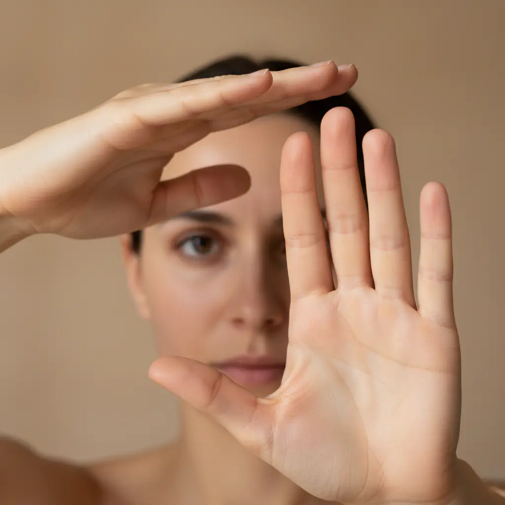 A symbolic photo showing a person's hands held up in a 'stop' gesture towards their own eyes, illustrating the rule to not rub them.