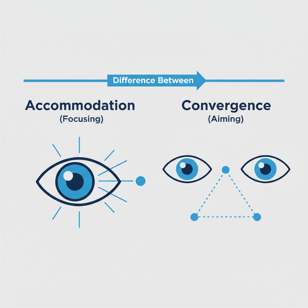 A clean, minimalist infographic diagram explaining the difference between accommodation and convergence. On the left, an eye with a lens focusing on a near object (labeled "Accommodation"). On the right, two eyes turning inward to look at the same object (labeled "Convergence"). Simple lines and clear labels on a neutral background.