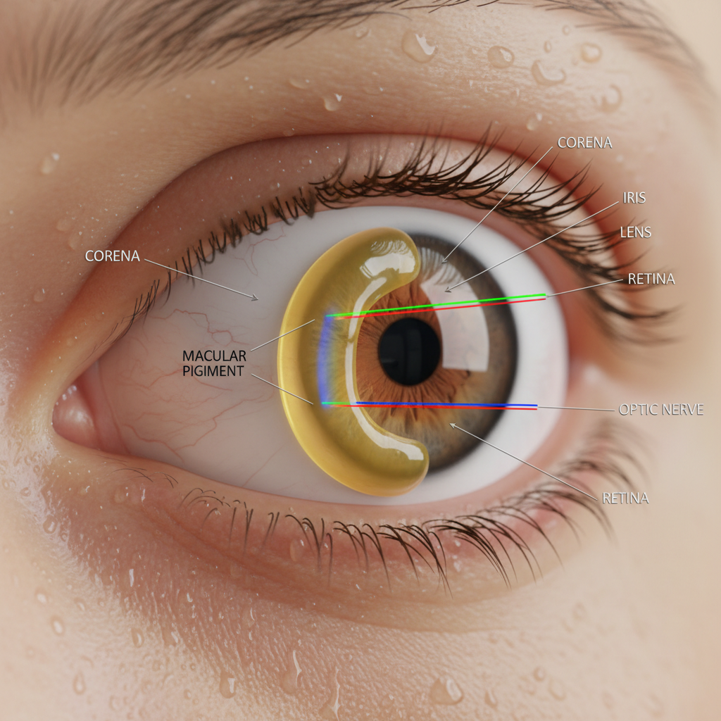 A technical visualization of light waves entering a human eye, showing a protective yellow-tinted layer (macular pigment) filtering out high-energy blue wavelengths before they reach the retina.