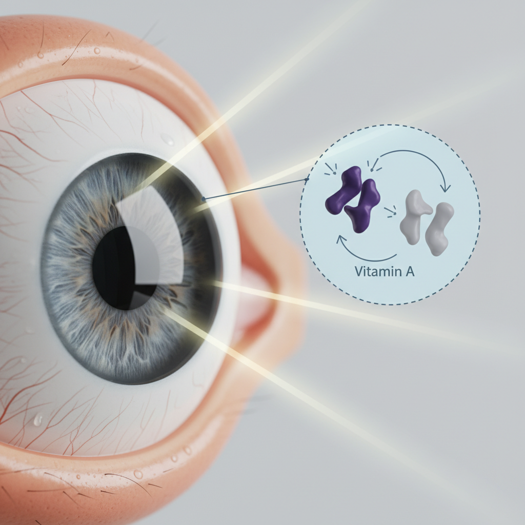 A technical diagram illustrating the human eye's visual cycle, showing light entering the retina and the biochemical regeneration of rhodopsin involving Vitamin A.
