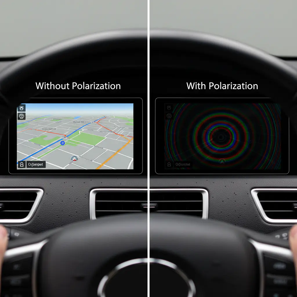 A side-by-side comparison photo. The left side shows a car's dashboard GPS screen viewed without sunglasses, appearing normal. The right side shows the same screen viewed through a polarized lens, revealing a rainbow-colored pattern and darkened areas.