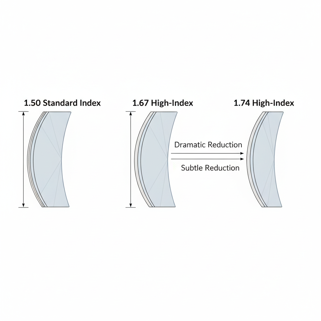 A diagram comparing the edge thickness of a standard lens versus a 1.67 high-index lens and a 1.74 high-index lens for the same strong prescription.