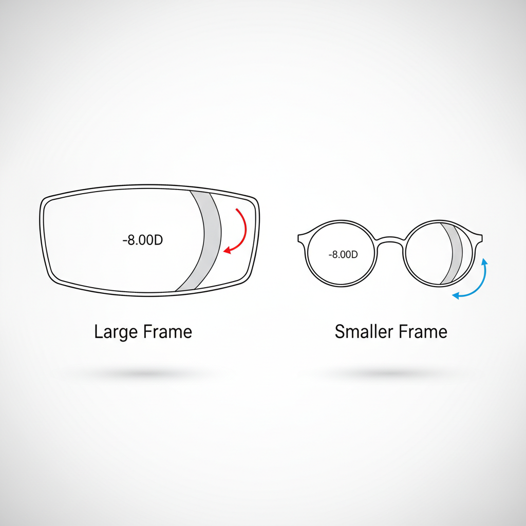 A diagram comparing the edge thickness of a high-prescription lens in a large, wide frame versus a smaller, narrower frame.