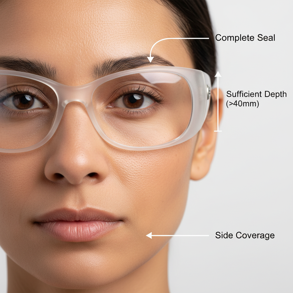 A close-up photo showing the correct fit of moisture chamber glasses. Arrows highlight the key features: the silicone seal making full contact with the skin around the eye, the substantial frame depth, and the wide side shields providing full coverage.