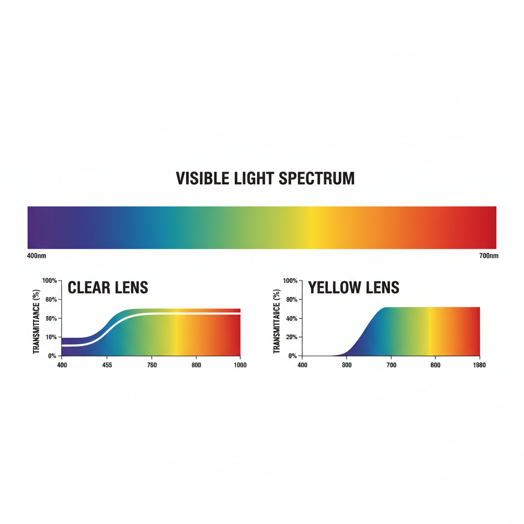 A diagram showing the visible light spectrum and how a clear lens filters a small portion of blue light versus how a yellow lens blocks a significantly larger portion.