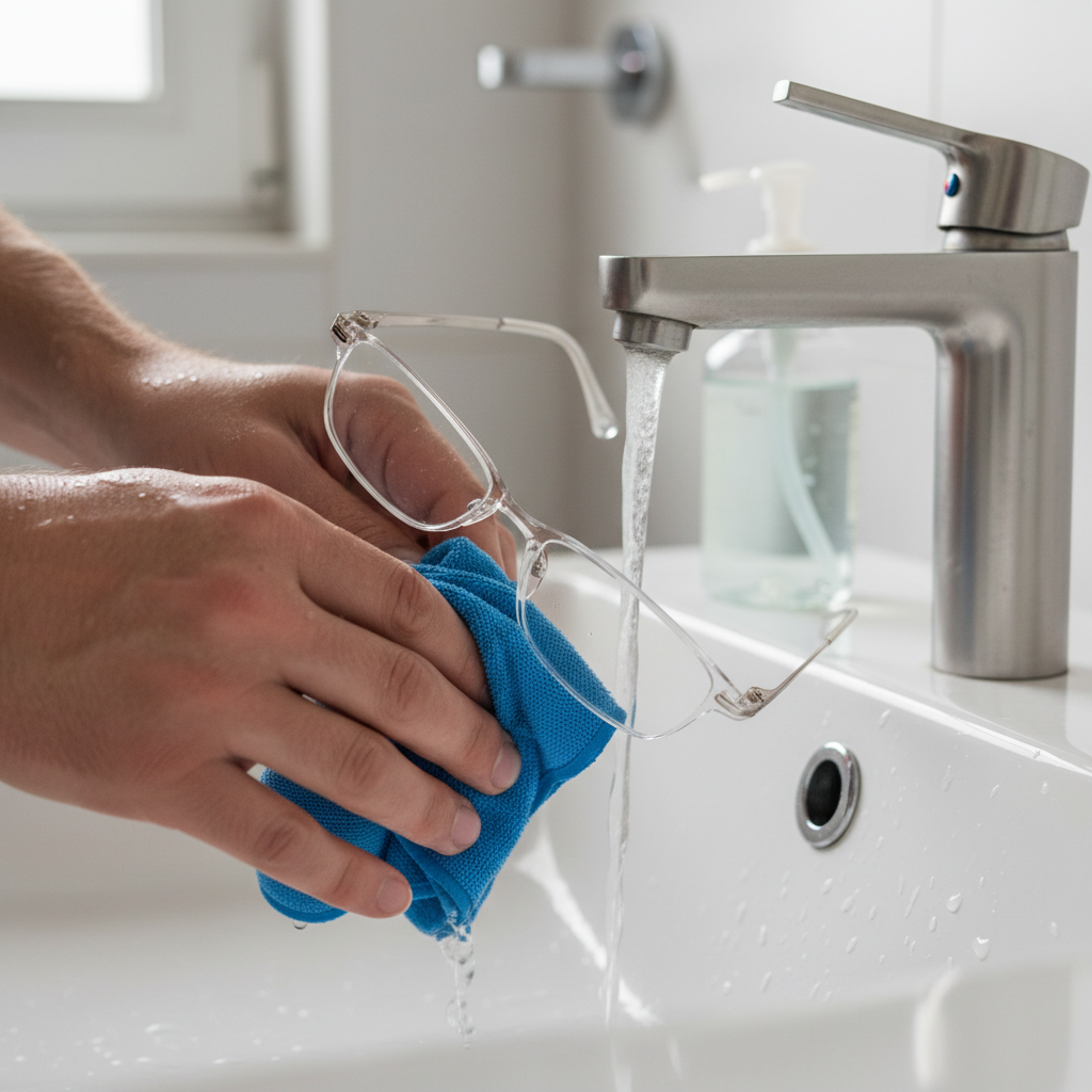 A person carefully cleaning their clear eyeglasses with a microfiber cloth over a sink.