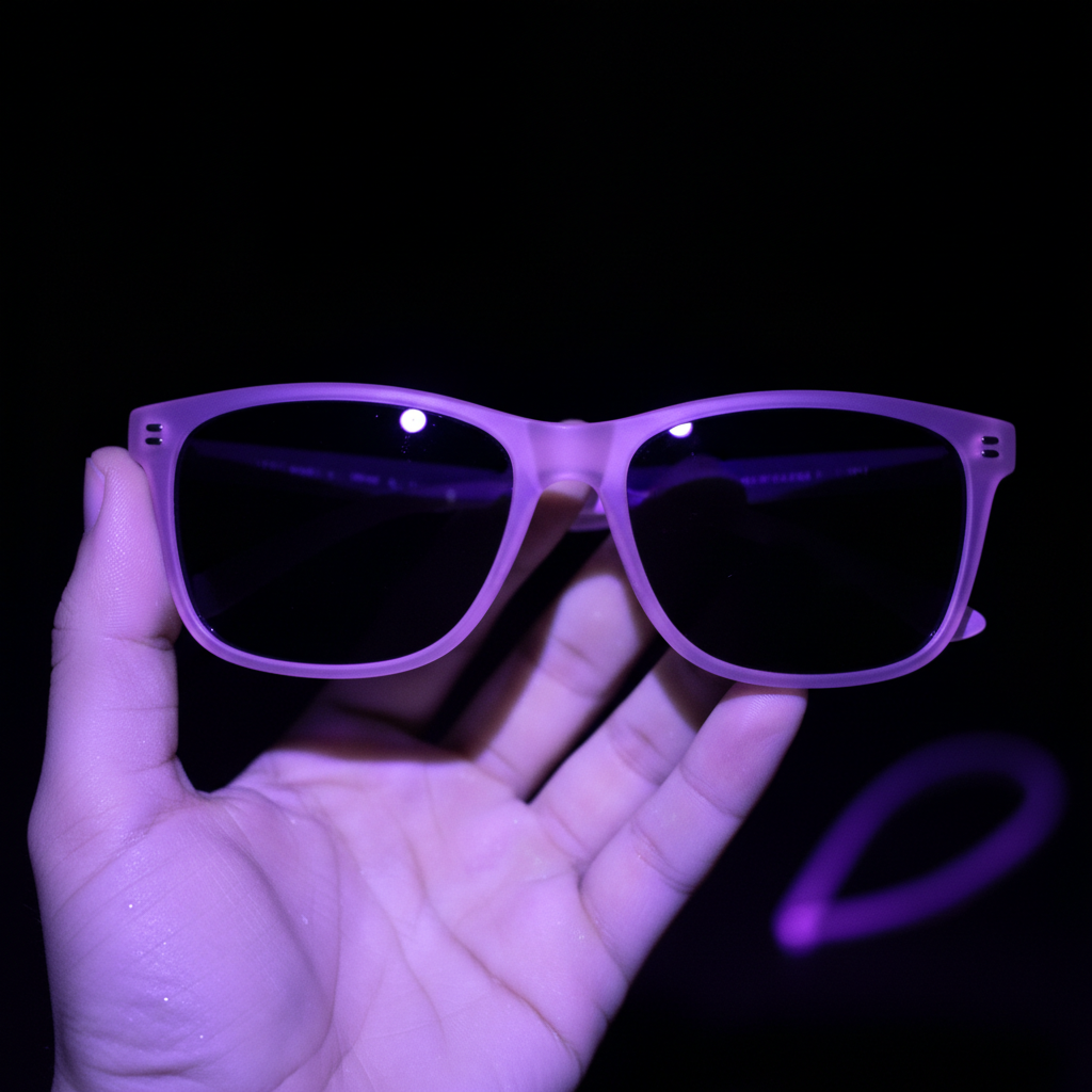 A pair of sunglasses under a UV blacklight, with the lenses appearing completely opaque and black, demonstrating 100% UV blocking.