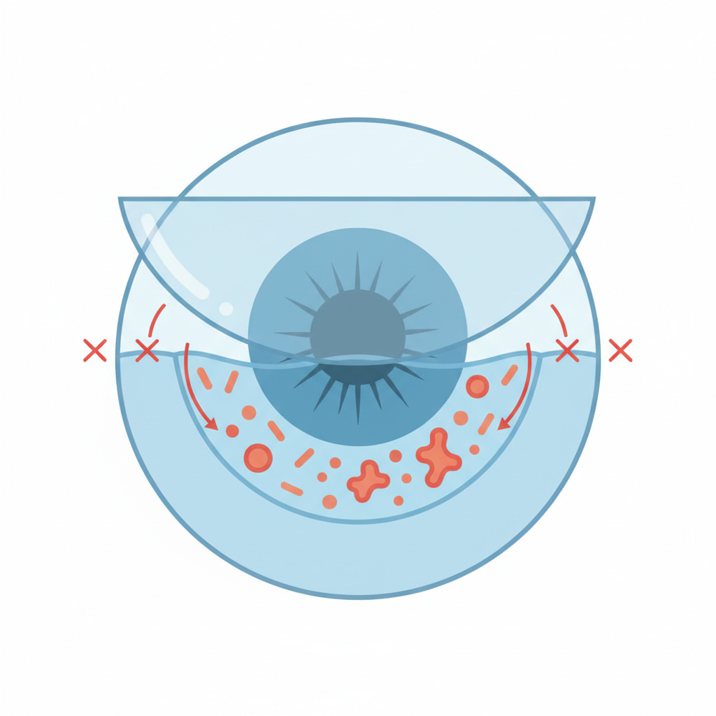 A diagram showing a cross-section of a human eye with a contact lens. Microscopic bacteria and amoebas are shown trapped in the space between the contact lens and the cornea by a film of water.